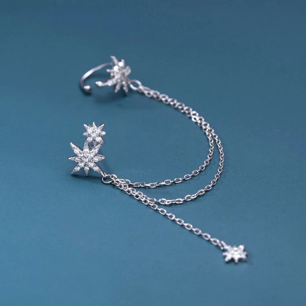 925 Sterling Silver Diamond Star Chain Earrings - Picture 6 of 8